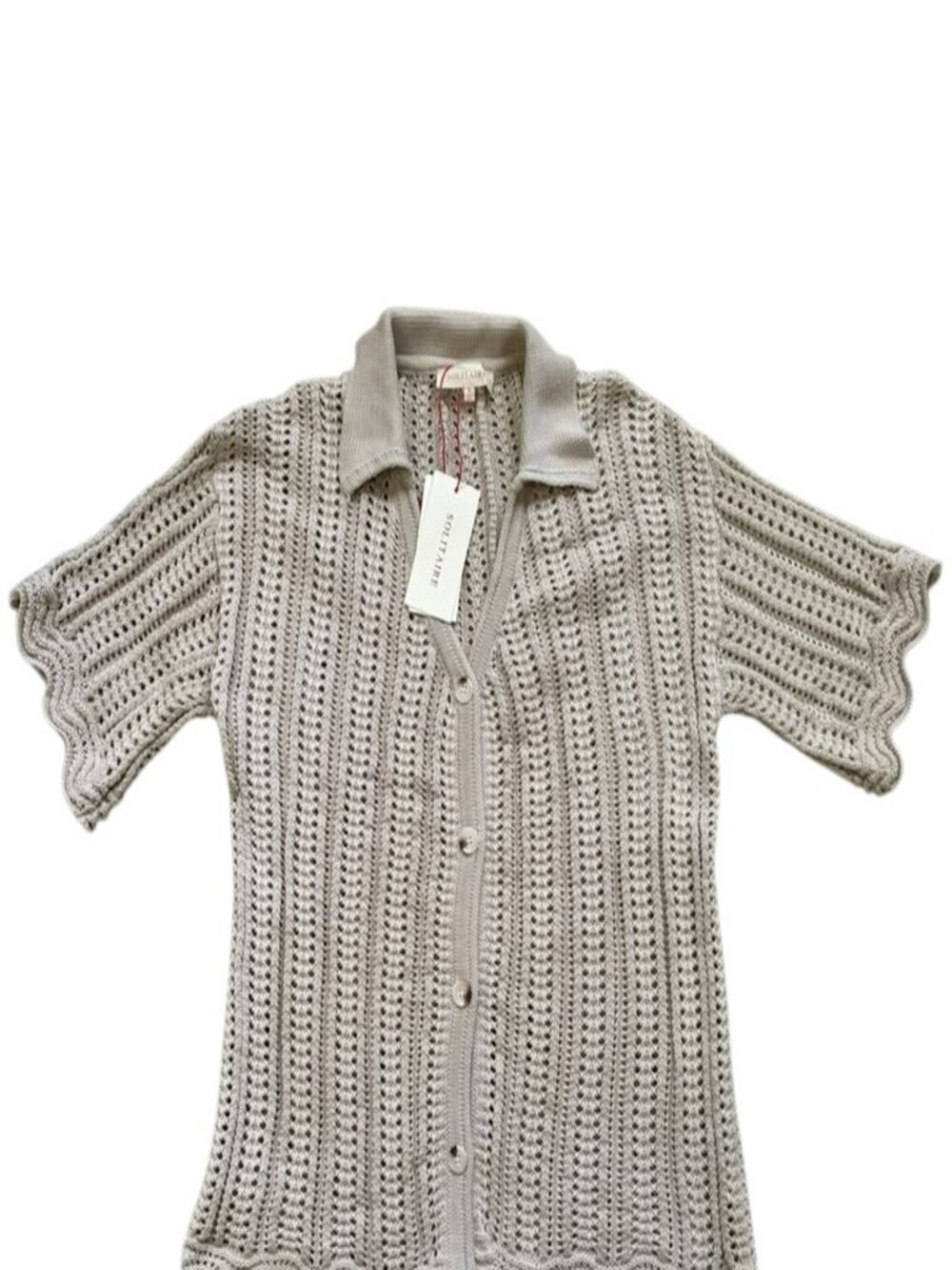 Solitaire Womens S Beige Open Knit Cardigan Crochet Button Front Scallop NWT.